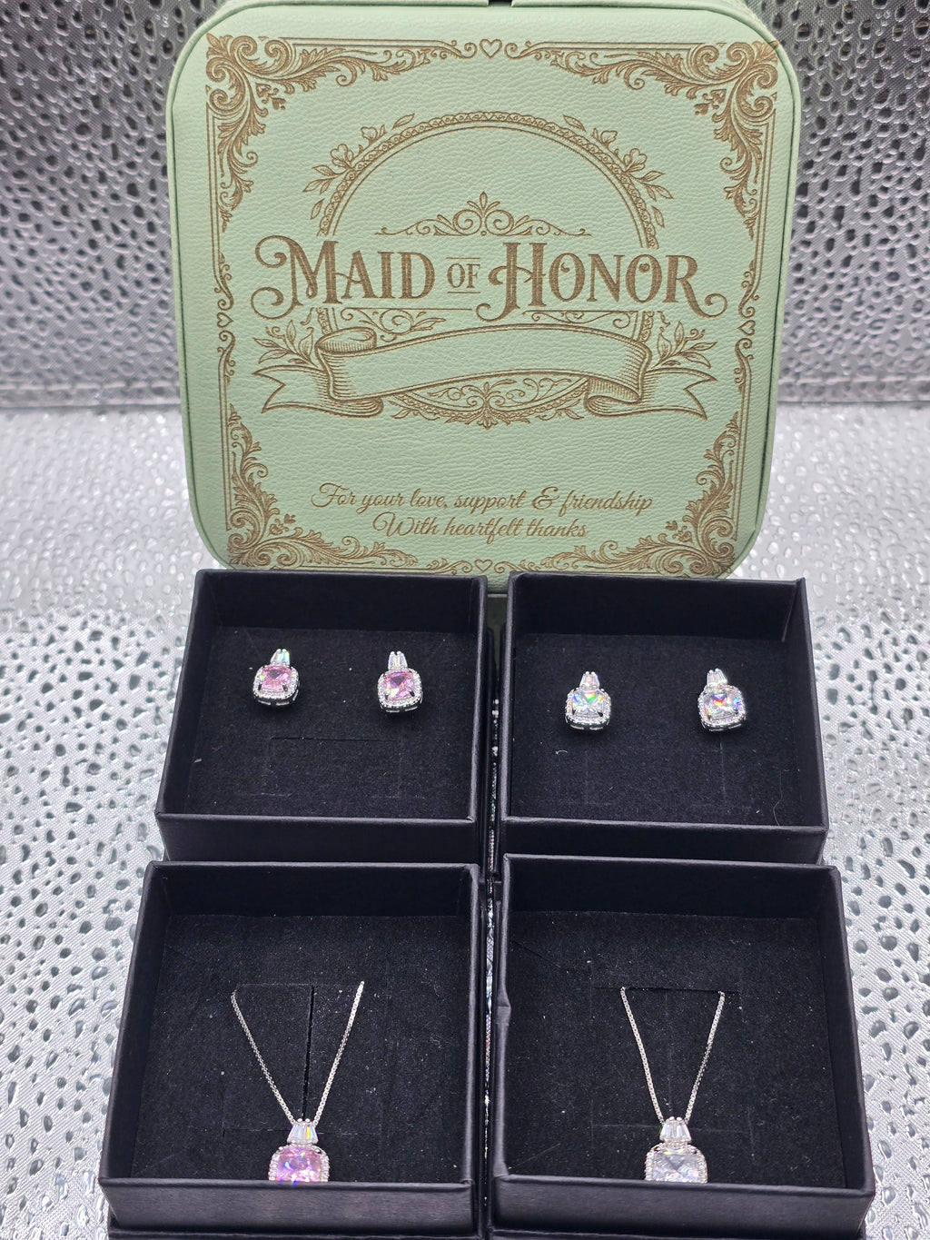 Bridesmaid Proposal Gift Box – Sterling Silver Necklace & Earring Set, Engraved Name on Lid
