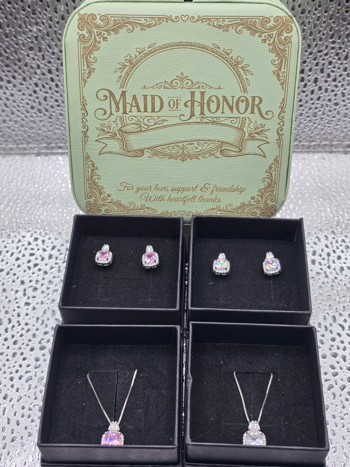 Bridesmaid Proposal Gift Box – Sterling Silver Necklace & Earring Set, Engraved Name on Lid