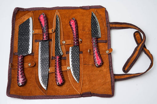 5-Piece Hand-Forged Kitchen Knife Set - Dragon Scale Carbon Steel - Red Diamond Wood Handles & Leather roll
