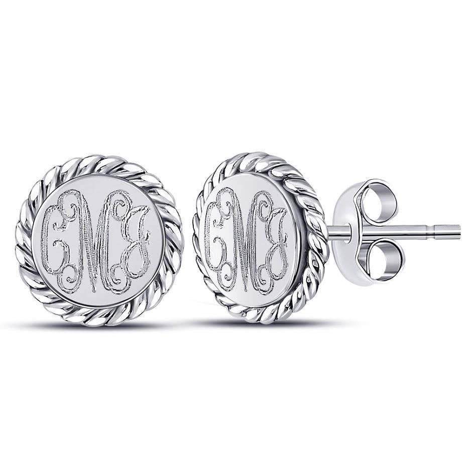 Engravable rope-edge sterling silver stud earrings shown in gold finish