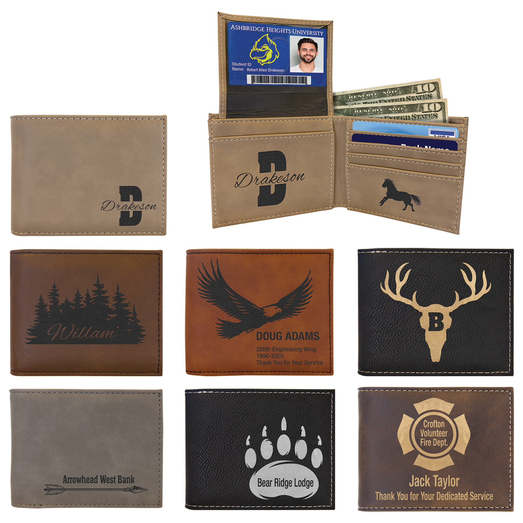Personalized Leather Bifold / trifold Wallet w/ ID insert RFID