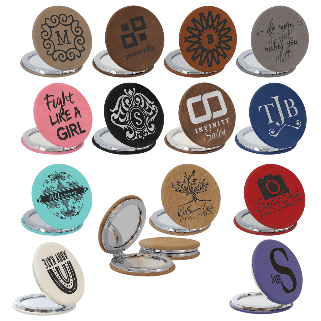 Personalized Compact Mirror – Custom Engraved Leatherette Pocket Mirror with Monogram, Name, or Logo