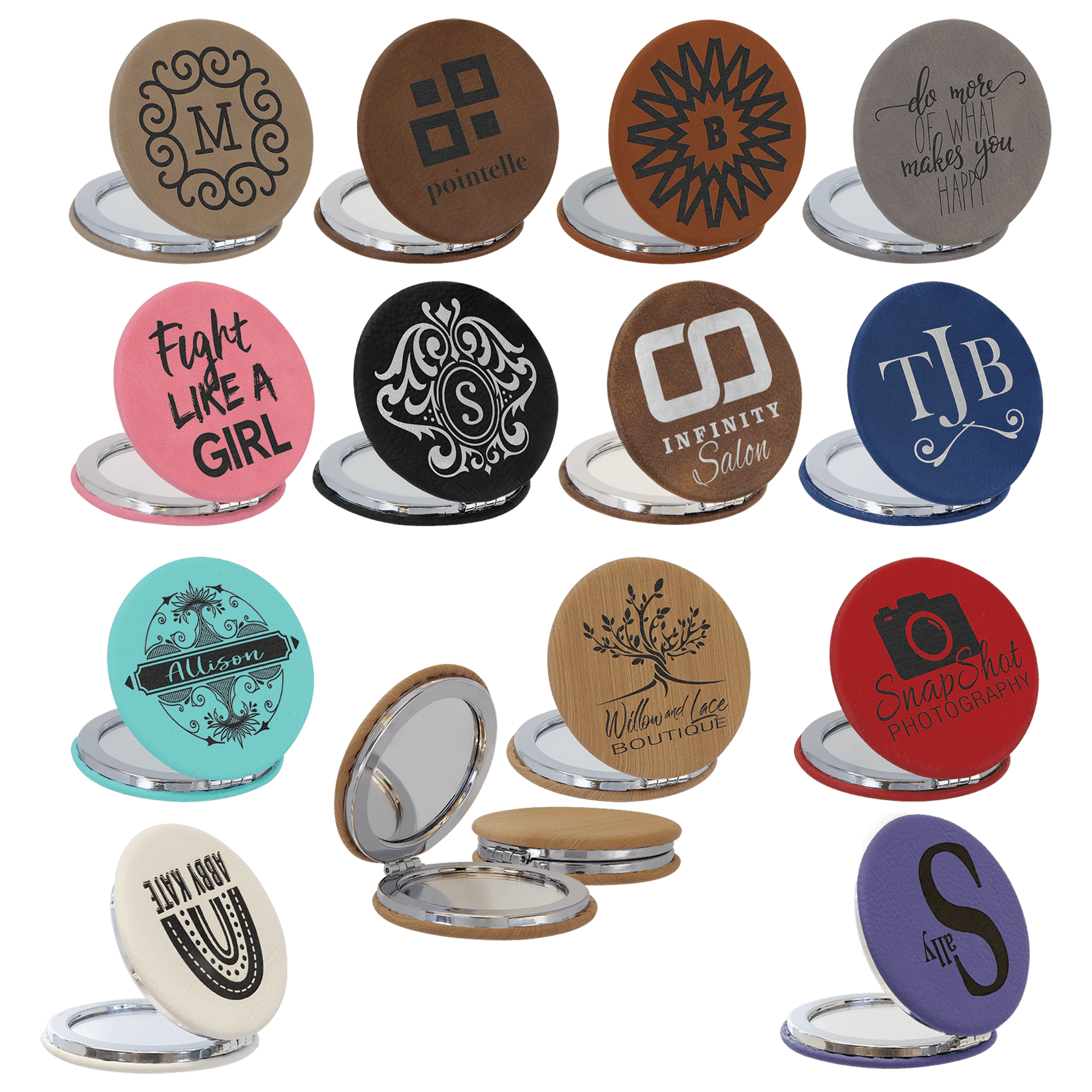 Personalized Compact Mirror – Custom Engraved Leatherette Pocket Mirror with Monogram, Name, or Logo