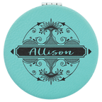 Personalized Compact Mirror – Custom Engraved Leatherette Pocket Mirror with Monogram, Name, or Logo