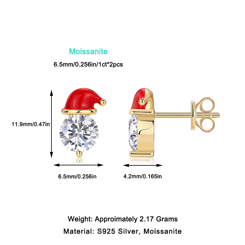 Round moissanite studs capped with enamel Santa hats