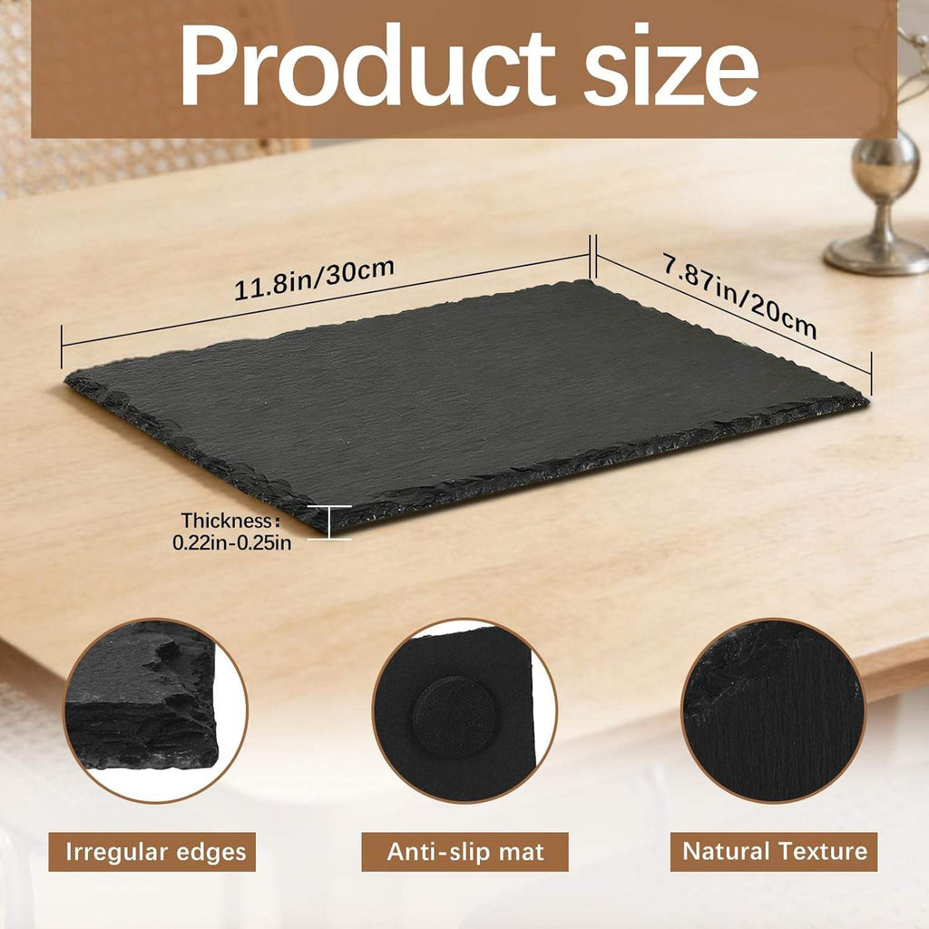 Black slate serving board with overlaid dimensions showing 11.8 in by 7.
