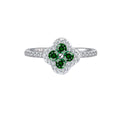 Four leaf clover ring with green and white cubic zirconia in sterling silver