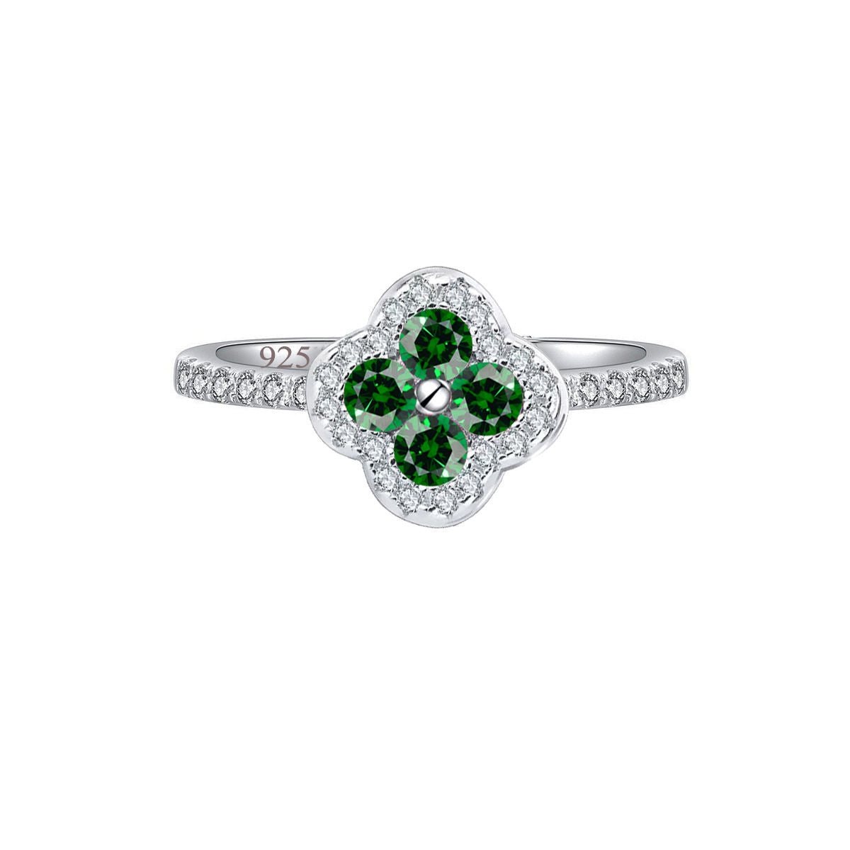 Four leaf clover ring with green and white cubic zirconia in sterling silver