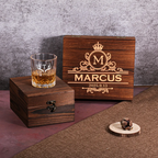 Personalized wooden whiskey box engraved with a name and date, groomsmen gift