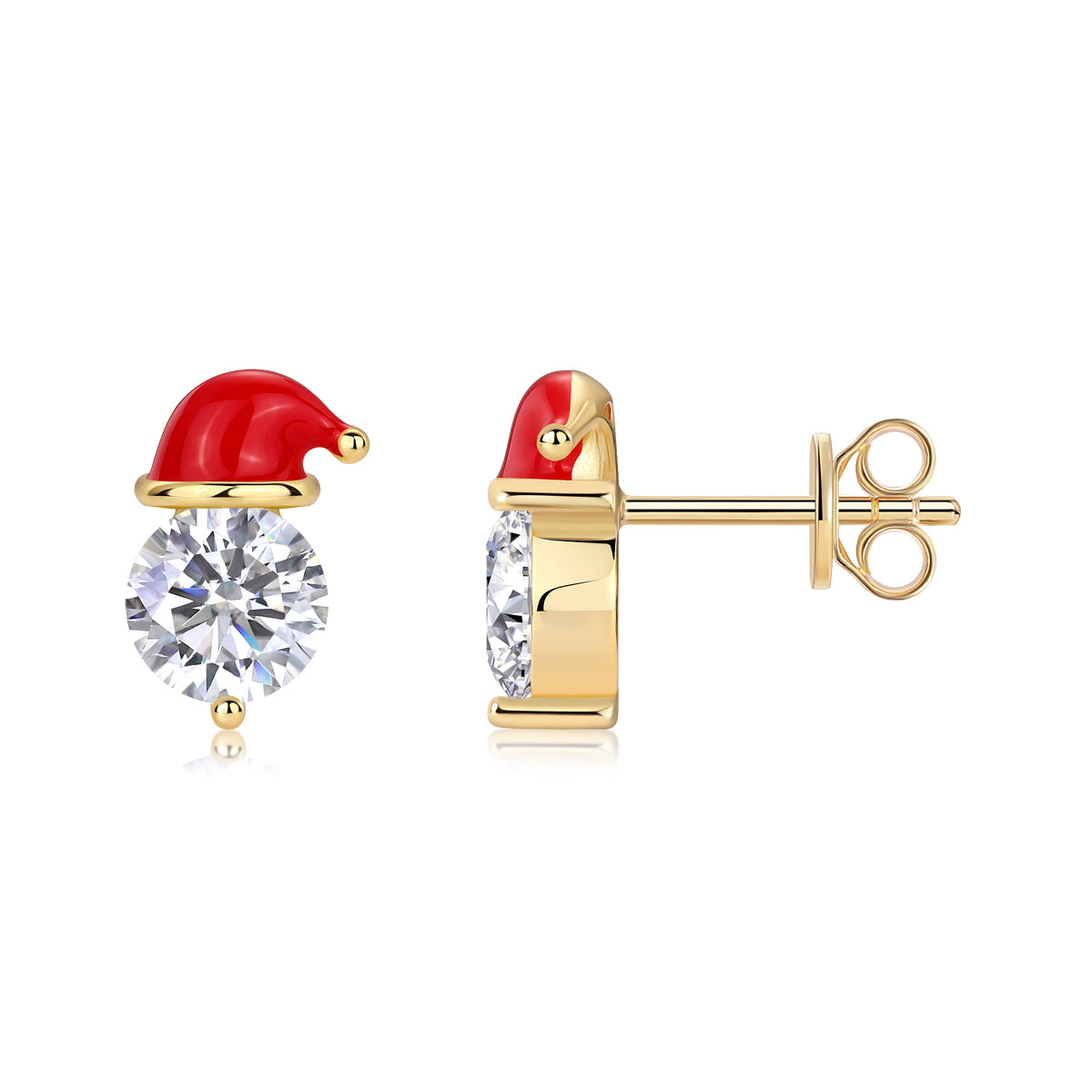 Gold Santa hat stud earrings with 1 carat moissanite stones
