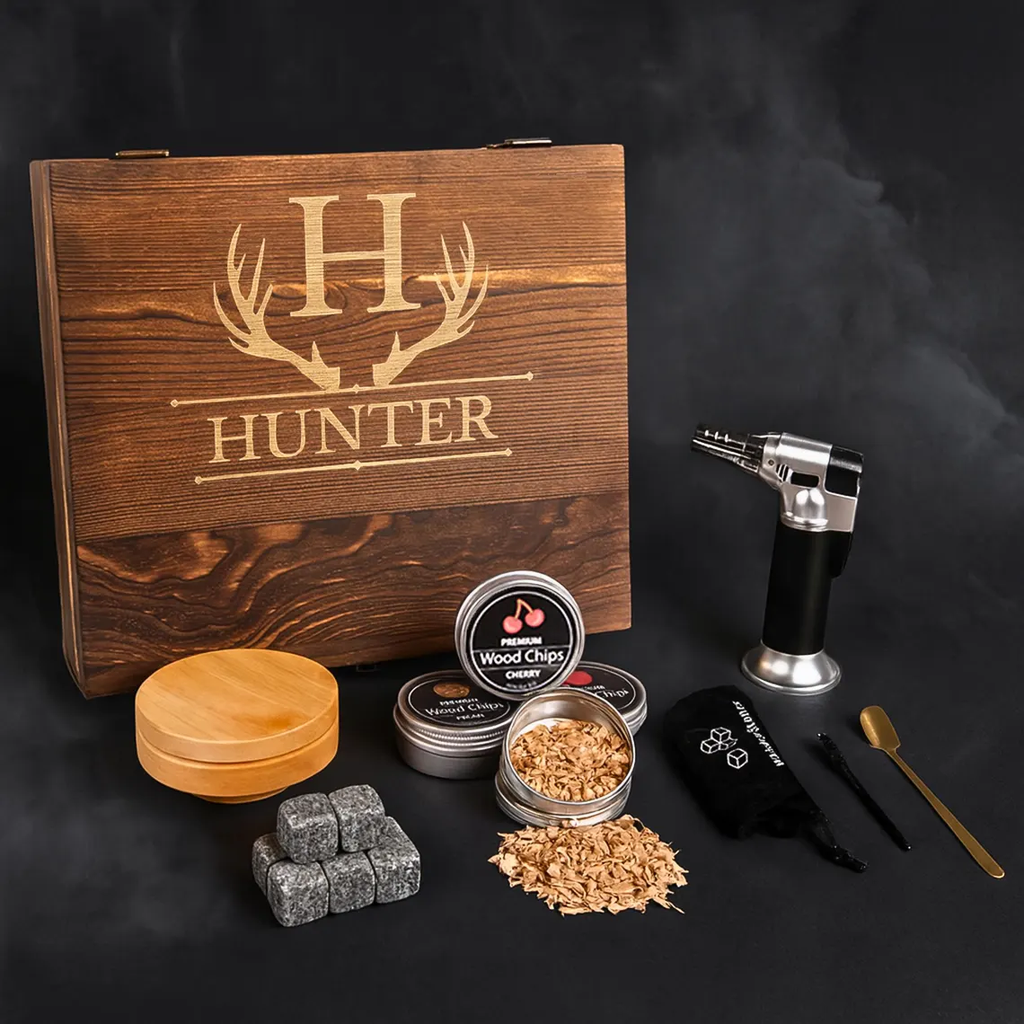 Engraved whiskey smoker kit with torch, wood chips and wooden box