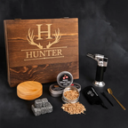 Engraved whiskey smoker kit with torch, wood chips and wooden box