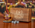 Engraved whiskey stones gift set with monogrammed wooden box, whiskey glass, coaster and 4 granite stones