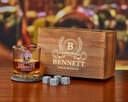 Engraved whiskey stones gift set with monogrammed wooden box, whiskey glass, coaster and 4 granite stones
