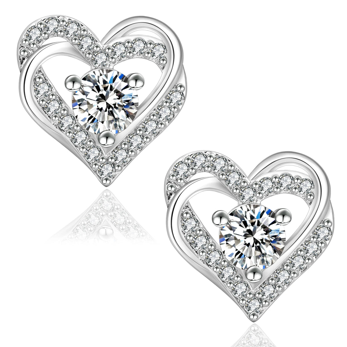 Silver twist heart moissanite stud earrings, 925 sterling silver