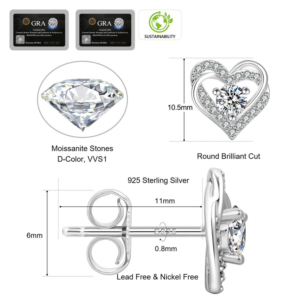 Silver twist heart stud size chart: 10.5mm heart, 11mm post, D color VVS1 moissanite, GRA card