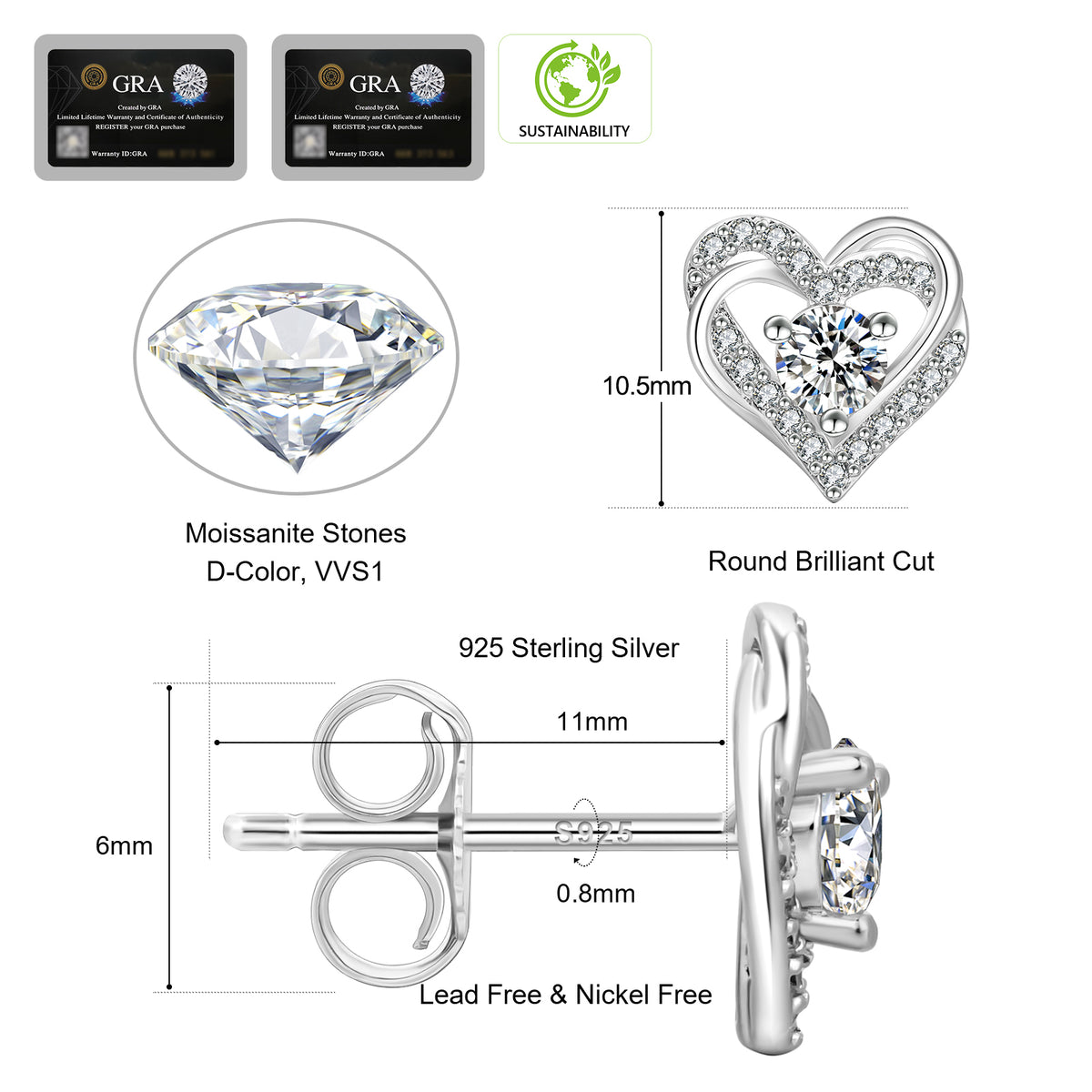 Silver twist heart stud size chart: 10.5mm heart, 11mm post, D color VVS1 moissanite, GRA card