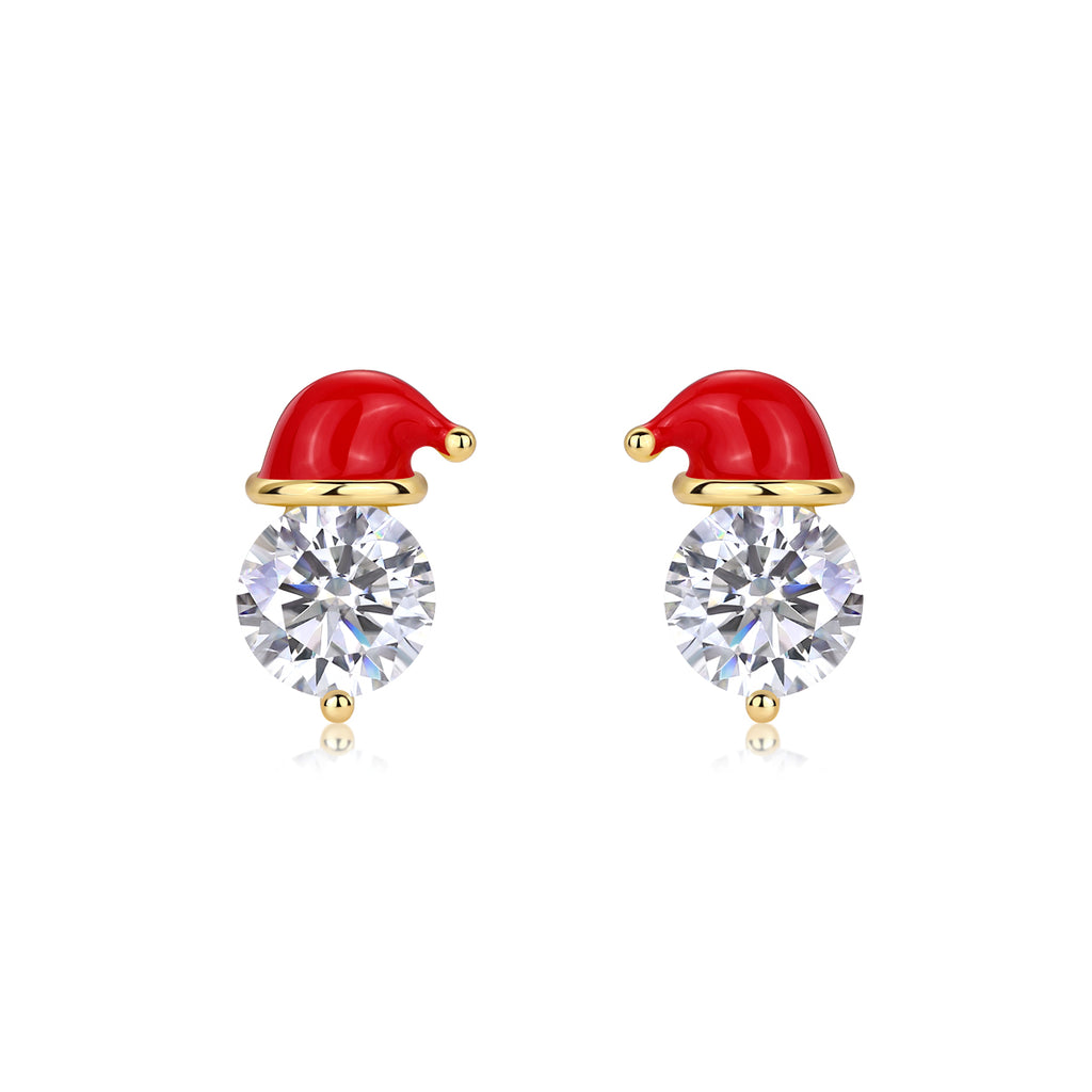 1ct moissanite stud earrings with enamel Santa hats, 18K gold over sterling silver