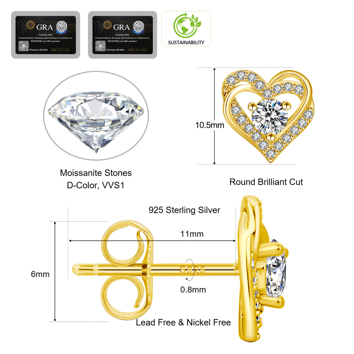 Gold twist heart stud size chart: 10.5mm heart, 11mm post, 925 sterling silver