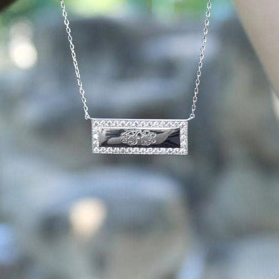 Personalized sterling silver bar necklace with cubic zirconia accents, engravable pendant