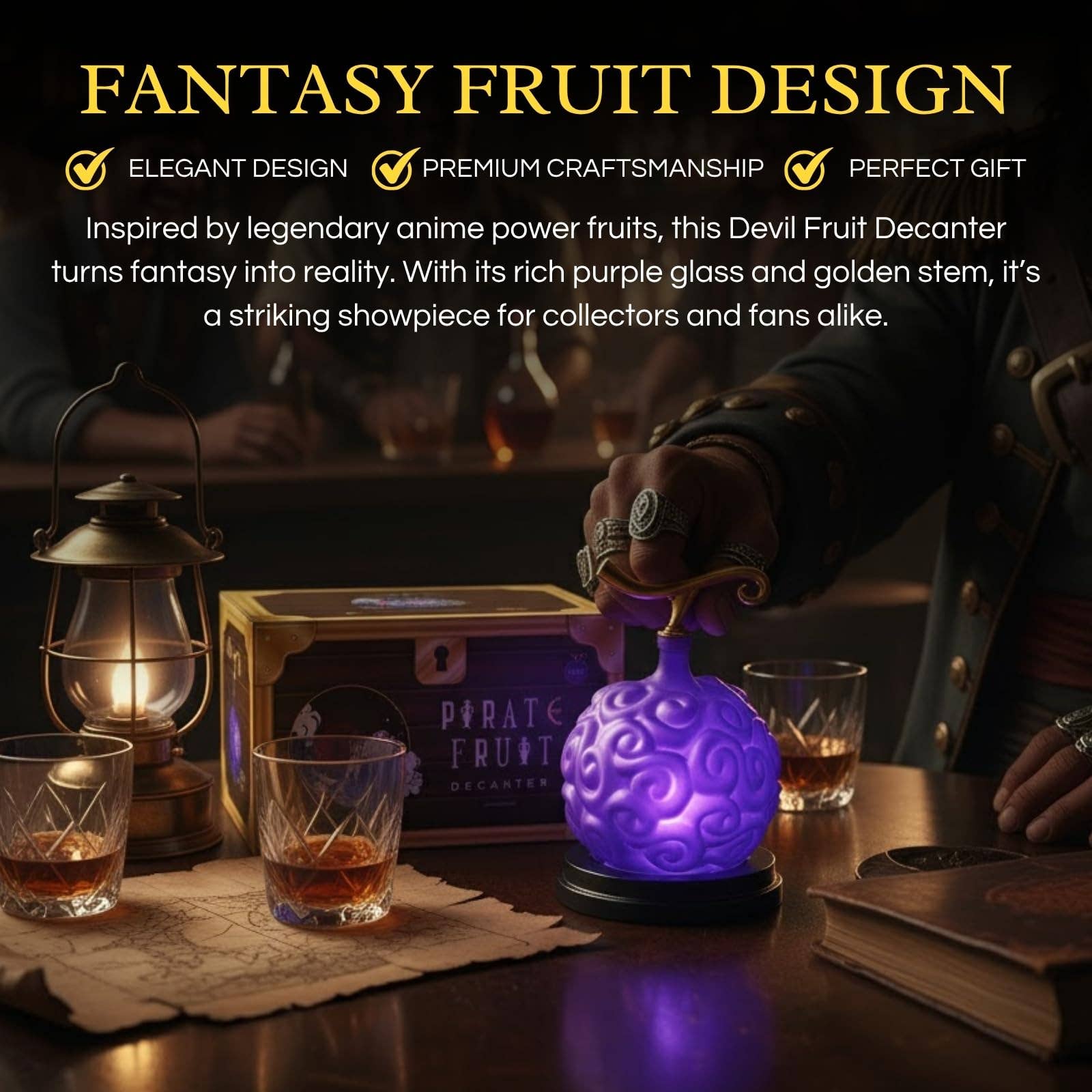 Fantasy fruit design decanter with purple glass and golden stem on a table with glasses and a lantern.