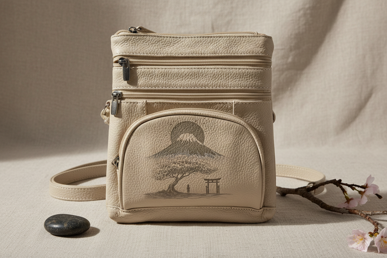 Japanese Engraved Leather Bag Display