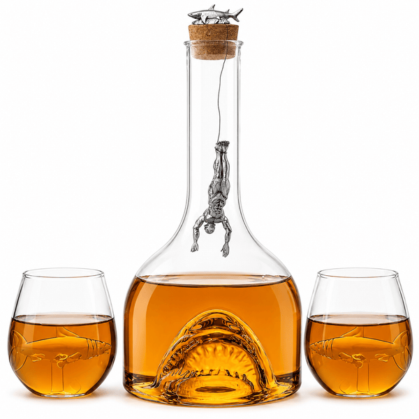 Shark-shaped 1000ml whiskey decanter with two matching glasses