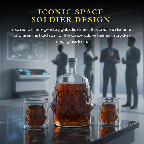 Helmet-shaped whiskey decanter set with two engraved shot glasses